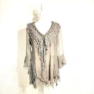 Pretty Ange Gray Tunic, Sheer Long Sleeves, Lace, Crochet Detail Size L Lined